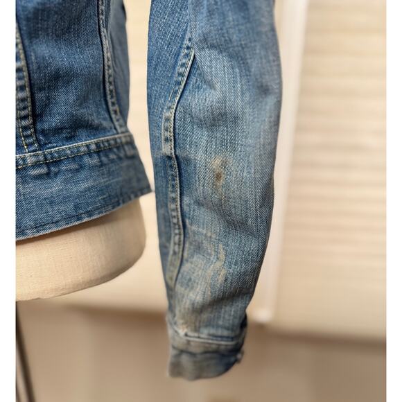 70s Vintage Lee Jeans Denim Jacket, Hippie Peace Sign Patch, XS S - Picture 9 of 16